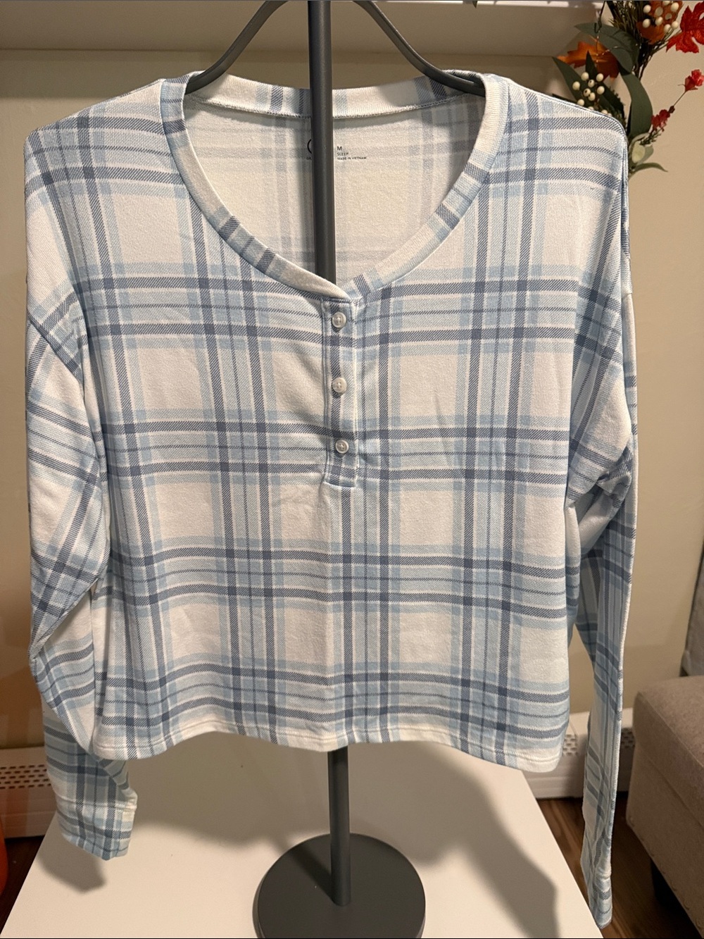 Gilly Hicks Light Blue and White Plaid Long-Sleeve Henley